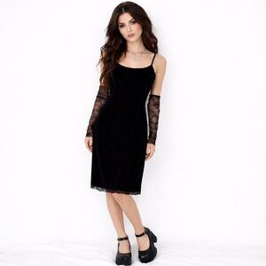 ICB Black Velvet Slip Dress Lace Hem Whimsygoth Minimalist Sz 8 Japan Made 90s